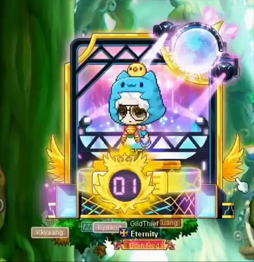 GildThief, in sunglasses, sitting AFK on the winged Rank 01 throne he earned as the #1 Nightlord in MapleSEA, leaderboard glowing beside him.